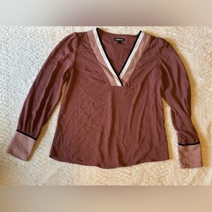 Express Women's V-Neck Blouse - Brown and Pink Accents